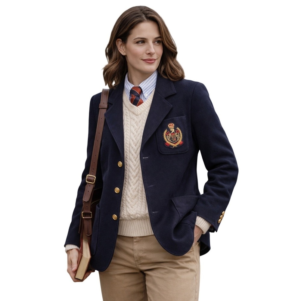Vintage Lizsport Petites‎ Navy Wool Blazer Gold Crest Preppy Classic 8P